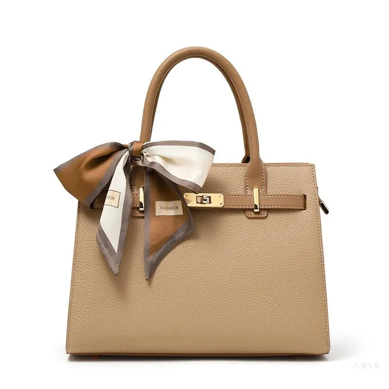 Beige Structured Top Handle Handbag with Scarf – Elegant Classic Satchel