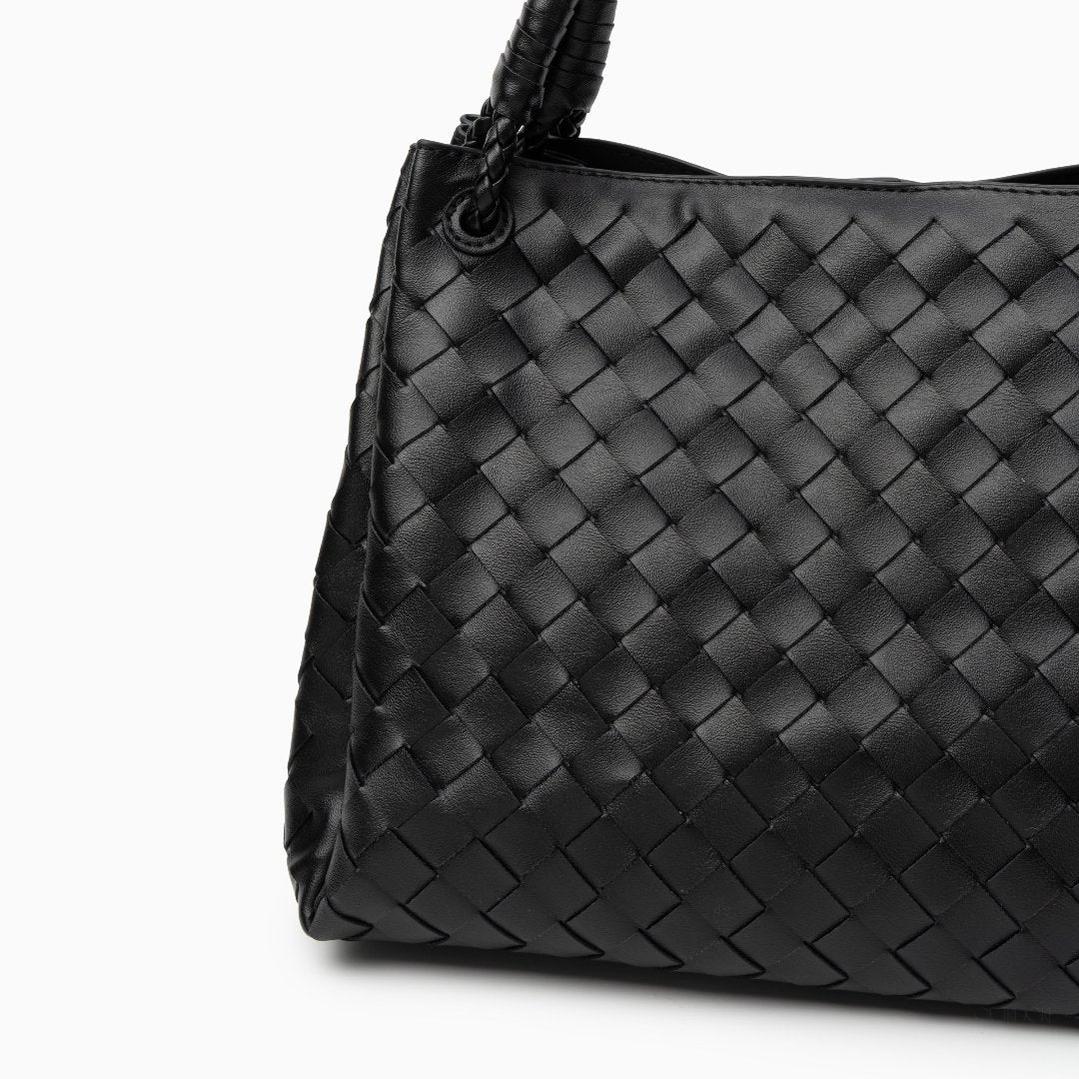 Black Woven Handbag with Braided Handle — Elegant texture, everyday sophistication