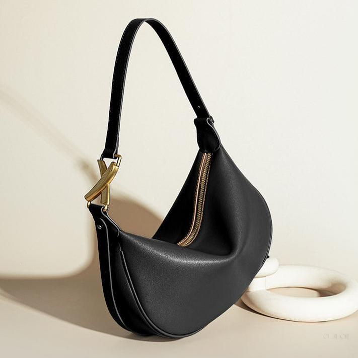 Crescent Shoulder Bag – Black Genuine Leather with Gold Hardware