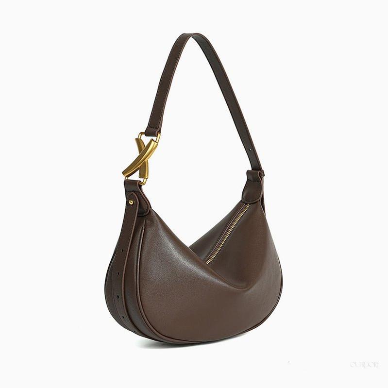 Crescent Shoulder Bag – Black Genuine Leather with Gold Hardware