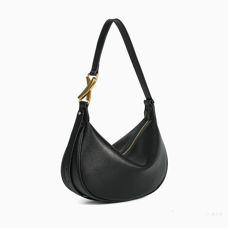 Crescent Shoulder Bag – Black Genuine Leather with Gold Hardware