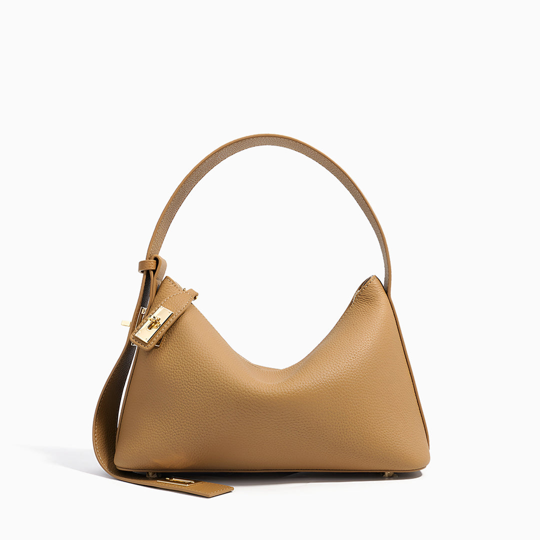Sac à épaule en cuir taupe Delia à motif géométrique – Sac à main de créateur pour femme