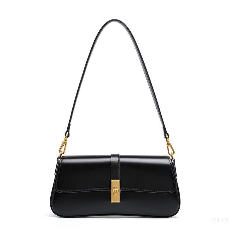 Elegant Baguette Handbag with Gold Lock Closure