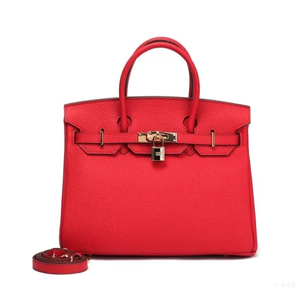 Genuine Leather Structured Satchel - Bold elegance in timeless red