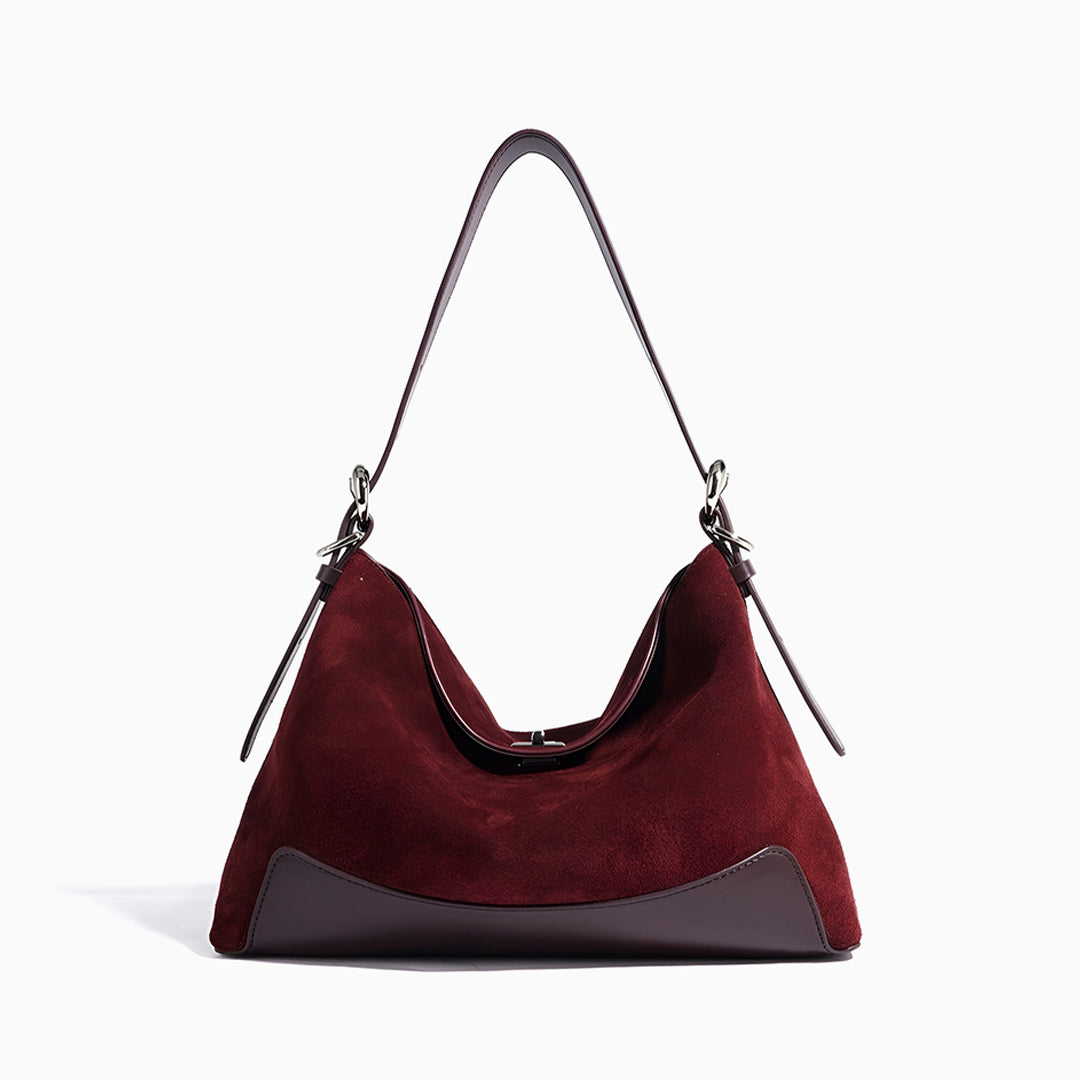 Sac à épaule en suède bordeaux Maeve grand format – Sac hobo moderne de créateur pour femme