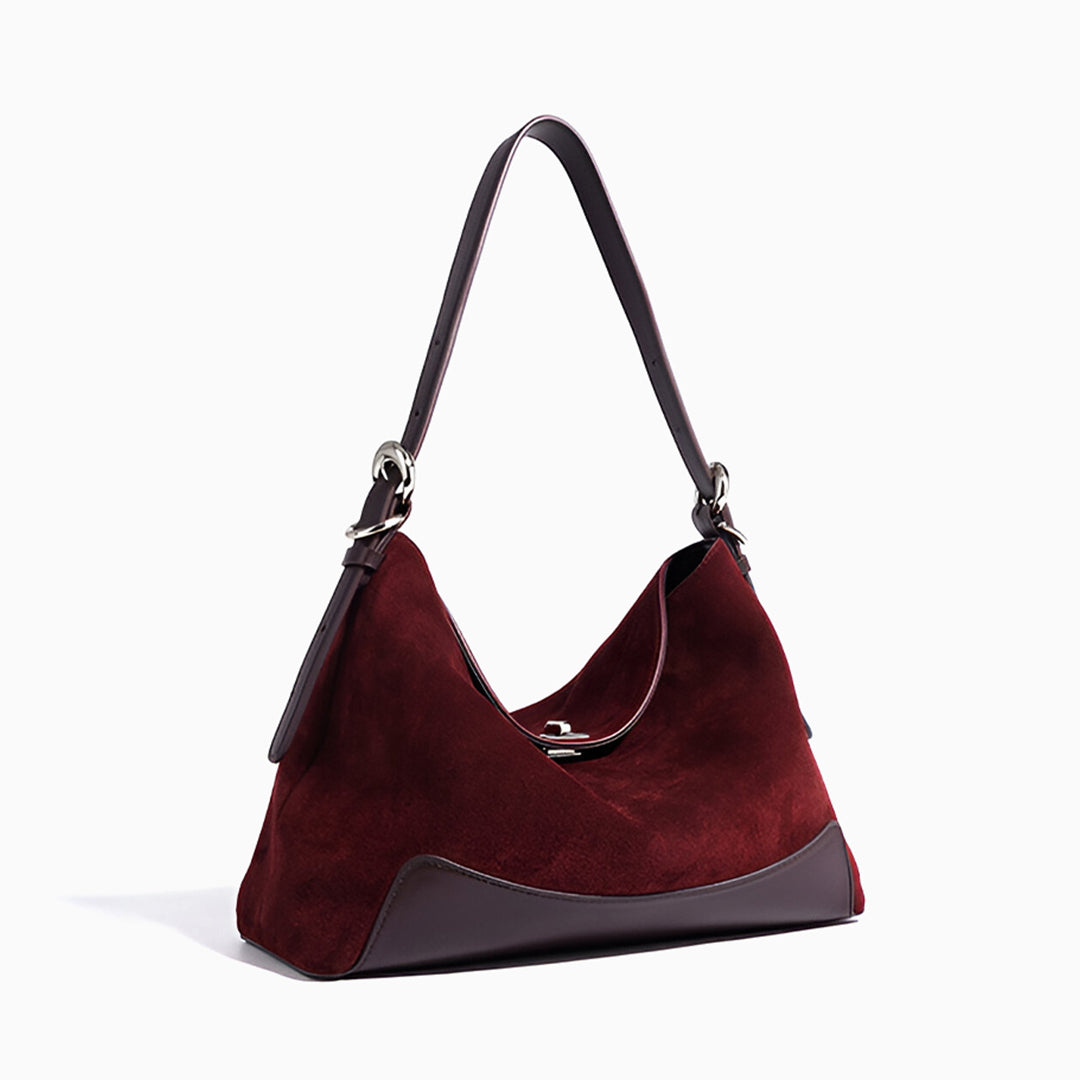 Sac à épaule en suède bordeaux Maeve grand format – Sac hobo moderne de créateur pour femme