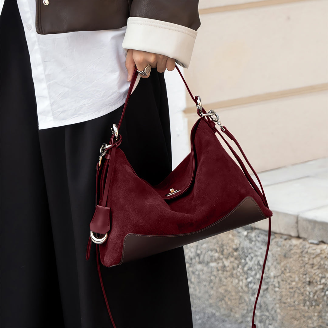 Sac à épaule en suède bordeaux Maeve grand format – Sac hobo moderne de créateur pour femme