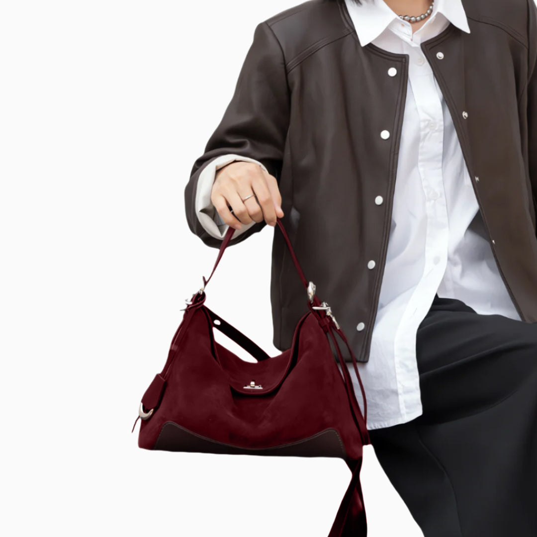 Sac à épaule en suède bordeaux Maeve grand format – Sac hobo moderne de créateur pour femme