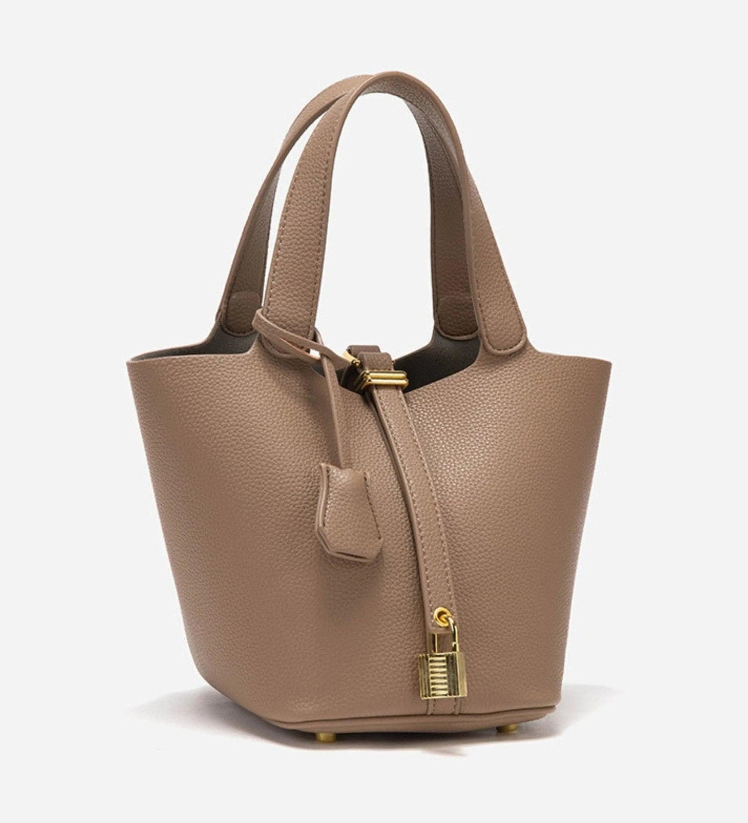 Minimalist Leather Bucket Handbag with Gold Padlock – Small Structured Tote