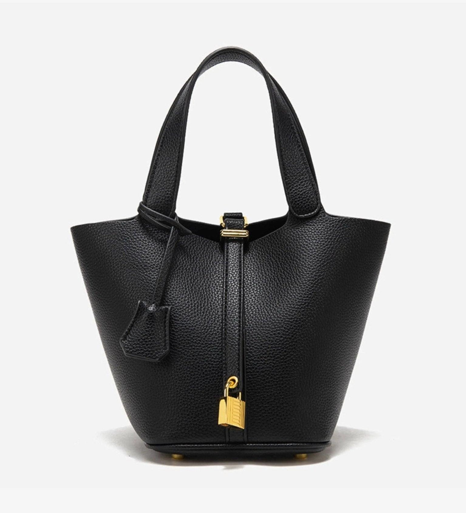 Minimalist Leather Bucket Handbag with Gold Padlock – Small Structured Tote