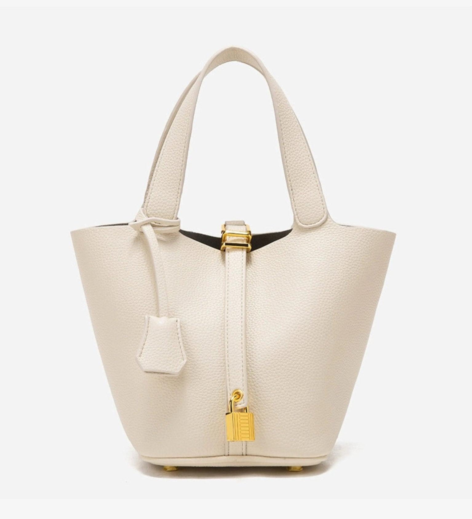 Minimalist Leather Bucket Handbag with Gold Padlock – Small Structured Tote