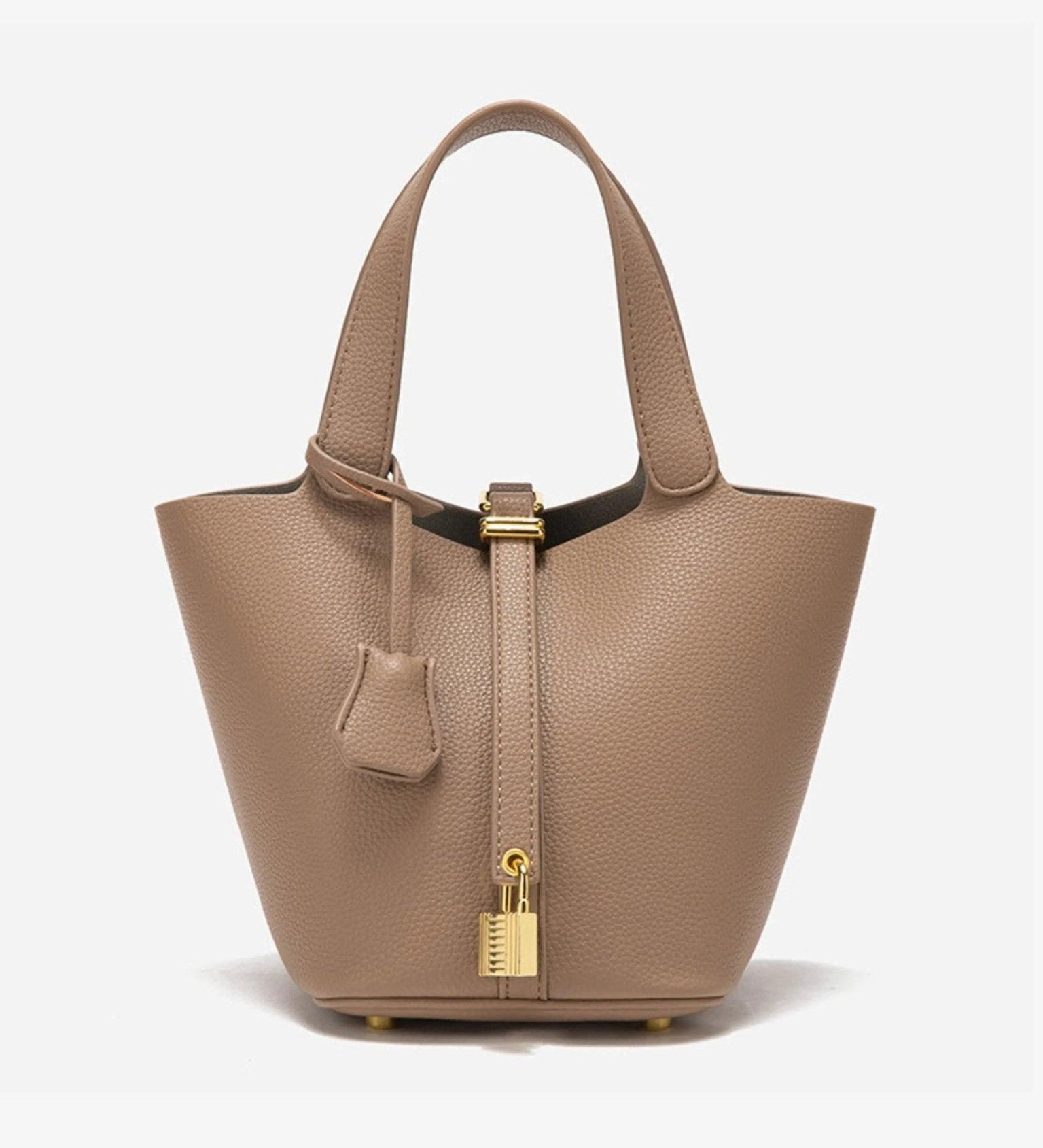 Minimalist Leather Bucket Handbag with Gold Padlock – Small Structured Tote