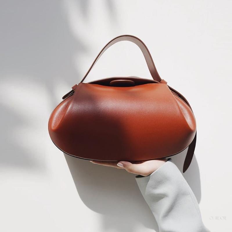 Sculpted Brown Leather Shoulder Bag – Modern Minimalist Handbag
