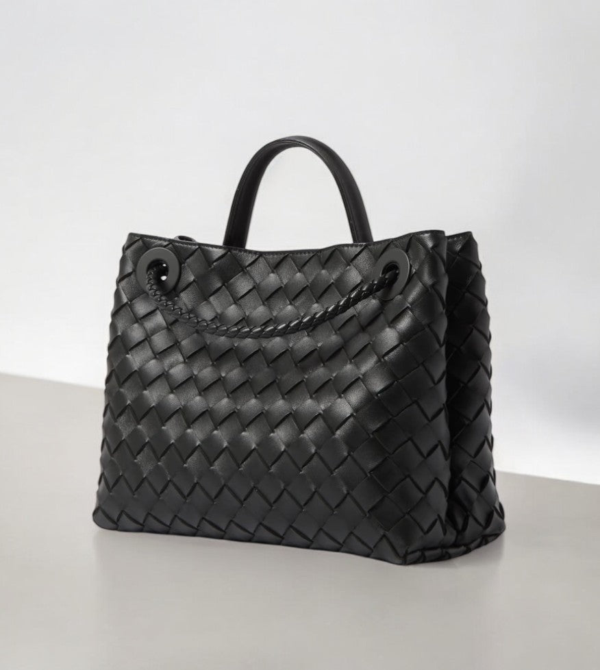 Sac Tote Laurence de Luxe en Cuir Tissé avec Fermeture en Corde Dorée – Sac à Main de Créateur pour Femme