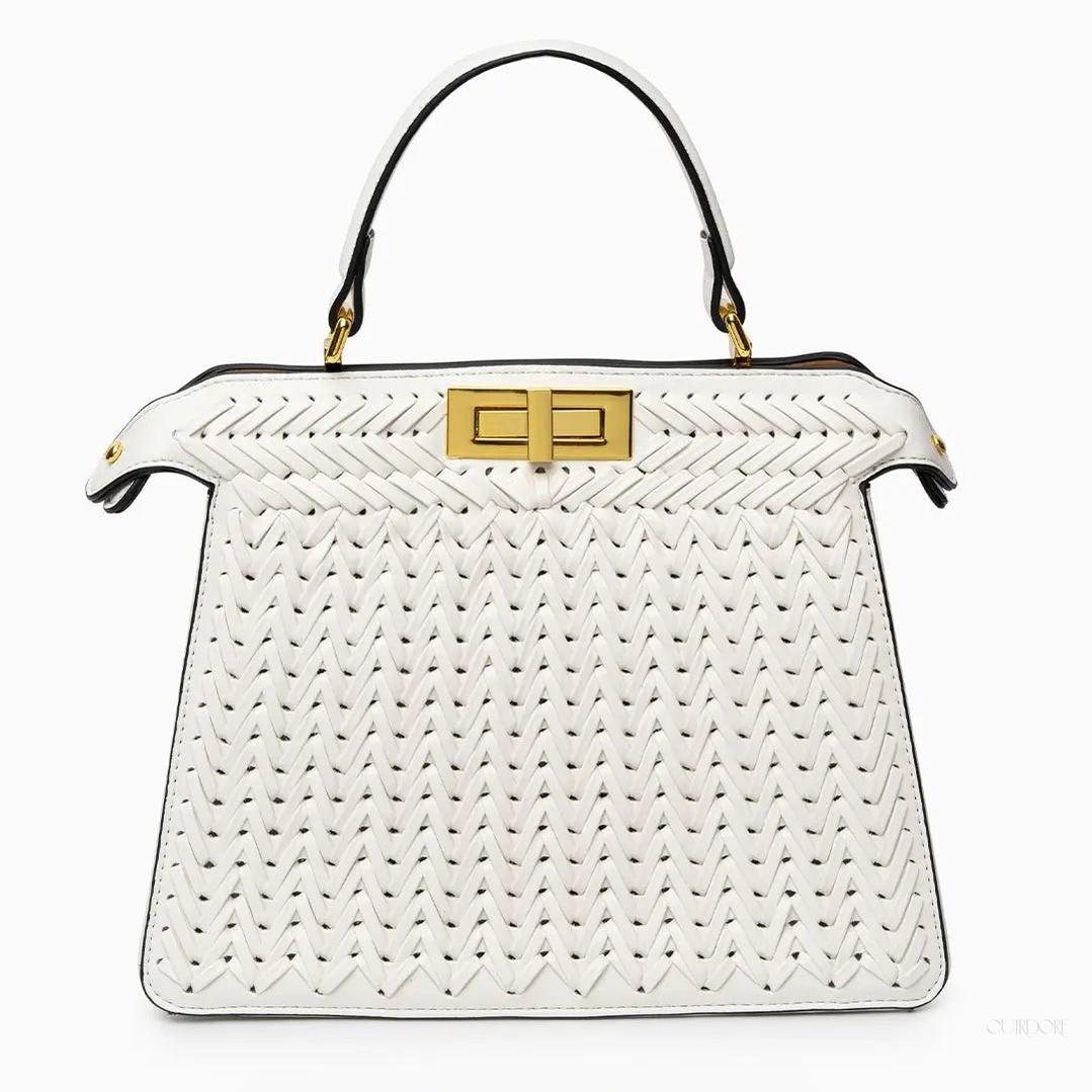 Tan Woven Leather Top Handle Handbag with Gold Lock