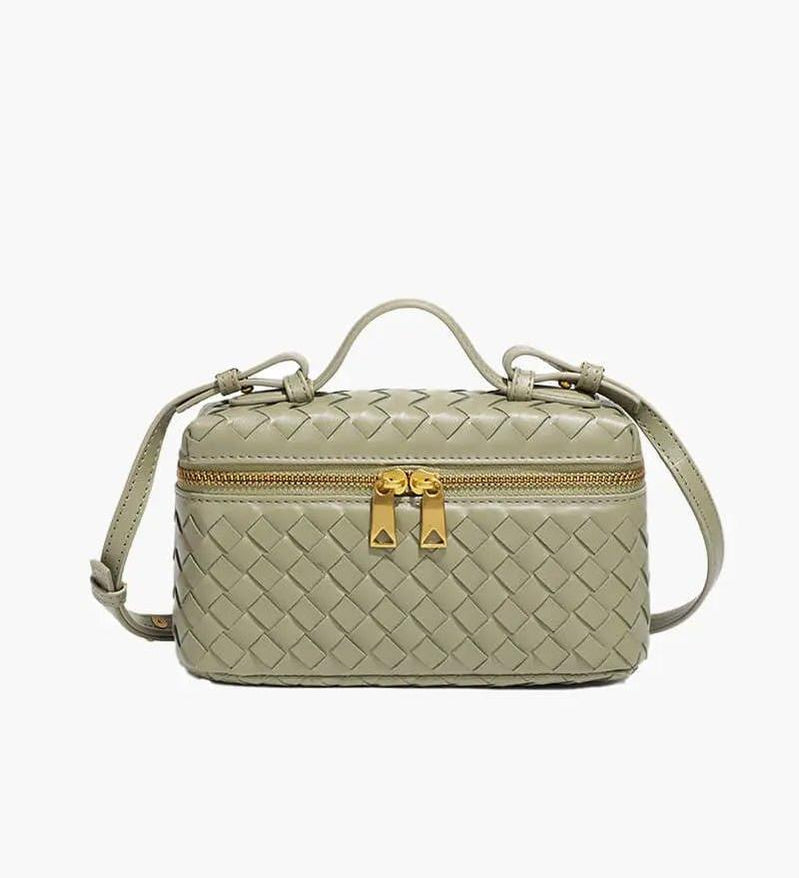 Woven Leather Box Bag – Compact Double-Zip Shoulder & Crossbody Bag