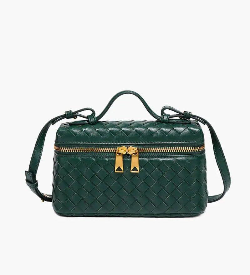Woven Leather Box Bag – Compact Double-Zip Shoulder & Crossbody Bag