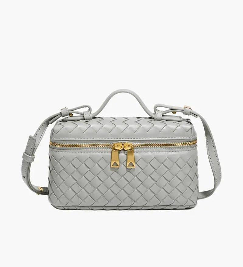 Woven Leather Box Bag – Compact Double-Zip Shoulder & Crossbody Bag