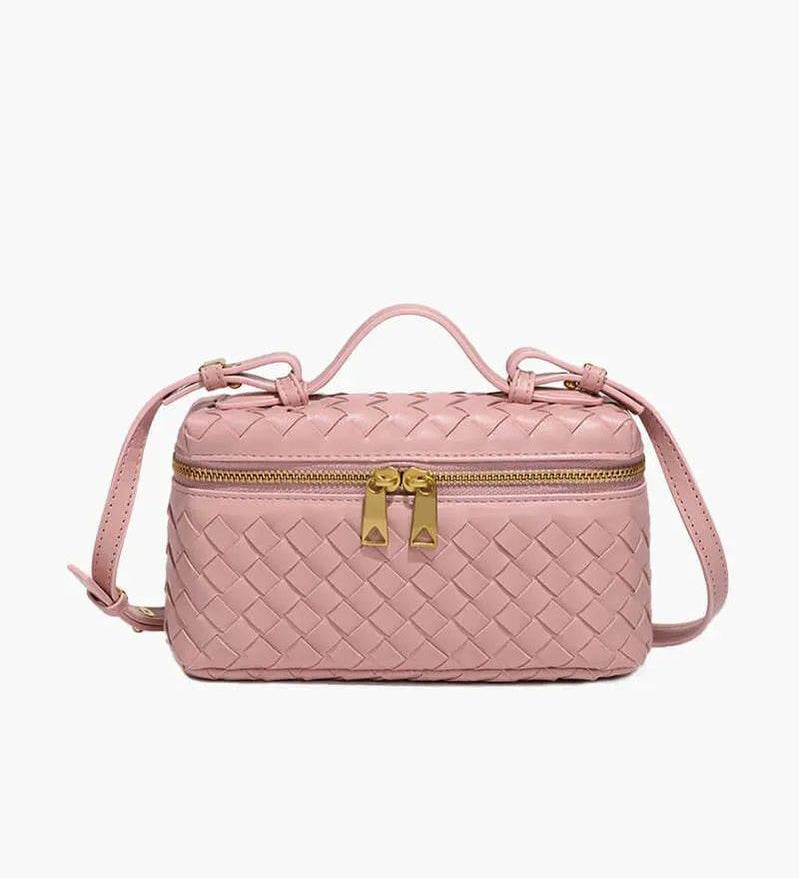 Woven Leather Box Bag – Compact Double-Zip Shoulder & Crossbody Bag