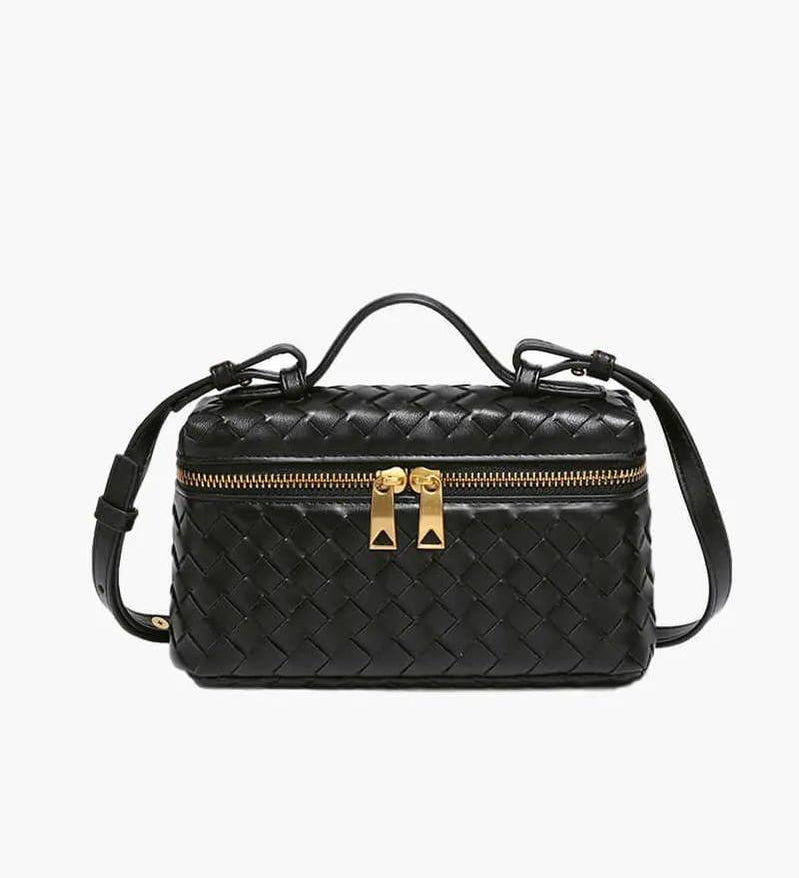 Woven Leather Box Bag – Compact Double-Zip Shoulder & Crossbody Bag
