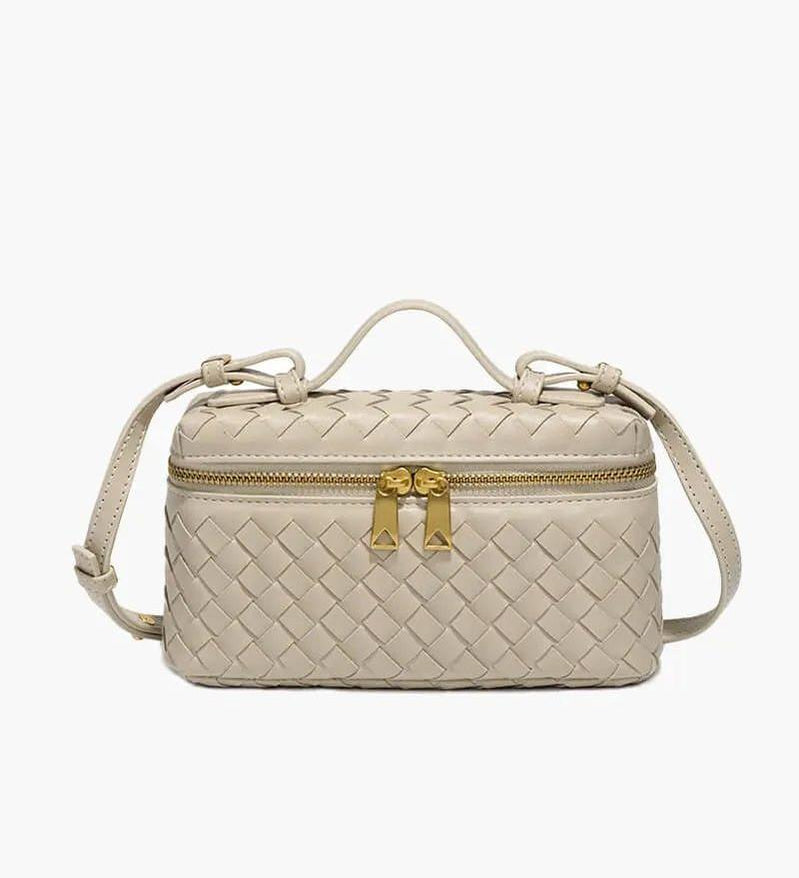 Woven Leather Box Bag – Compact Double-Zip Shoulder & Crossbody Bag