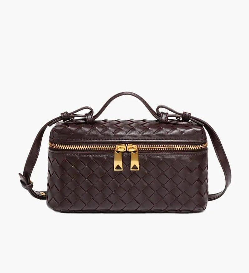 Woven Leather Box Bag – Compact Double-Zip Shoulder & Crossbody Bag