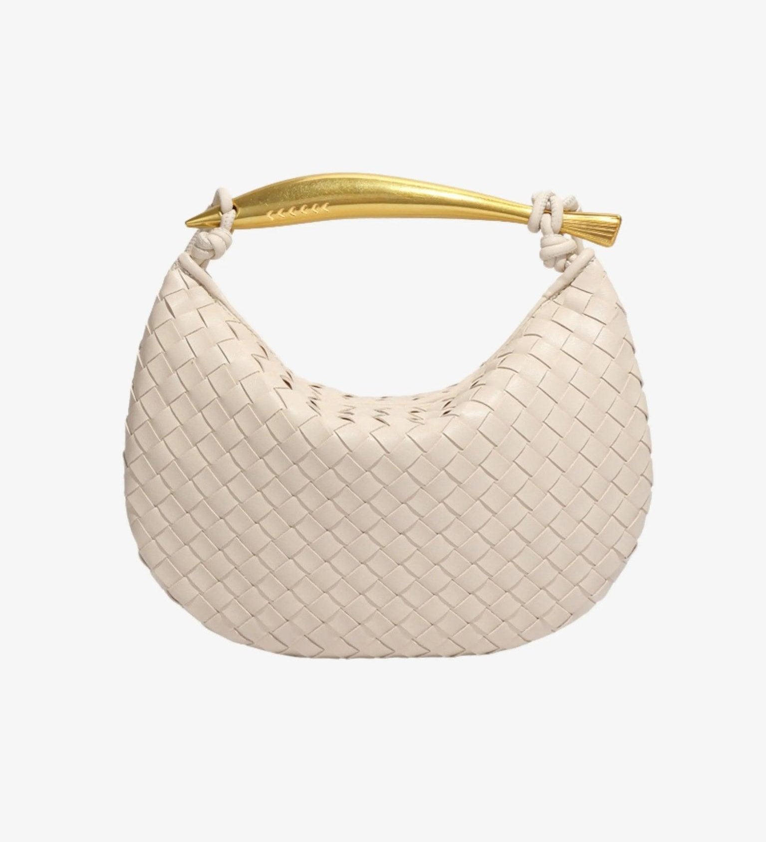 Woven Leather Hobo Bag with Gold Sculptural Handle