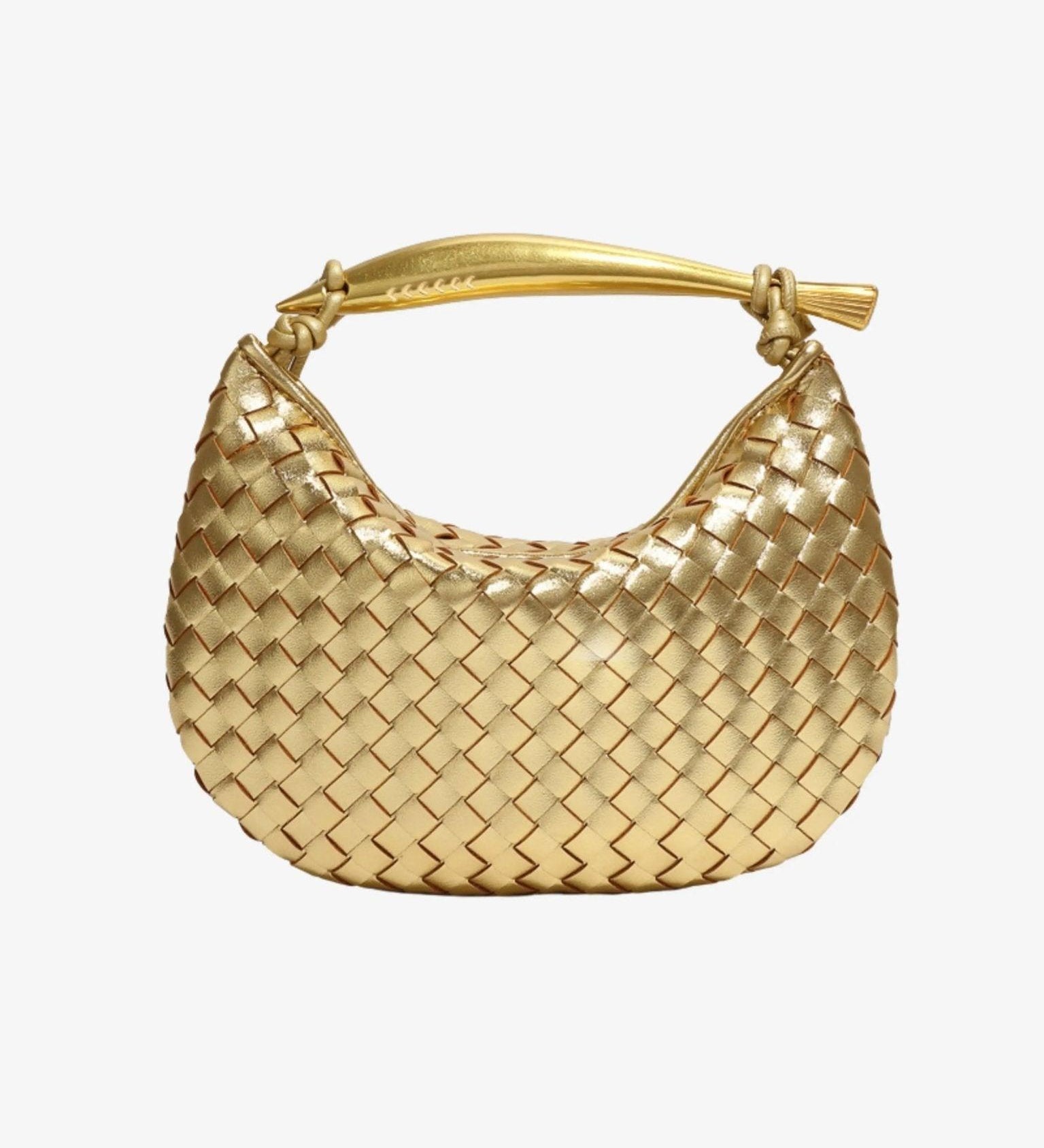 Woven Leather Hobo Bag with Gold Sculptural Handle