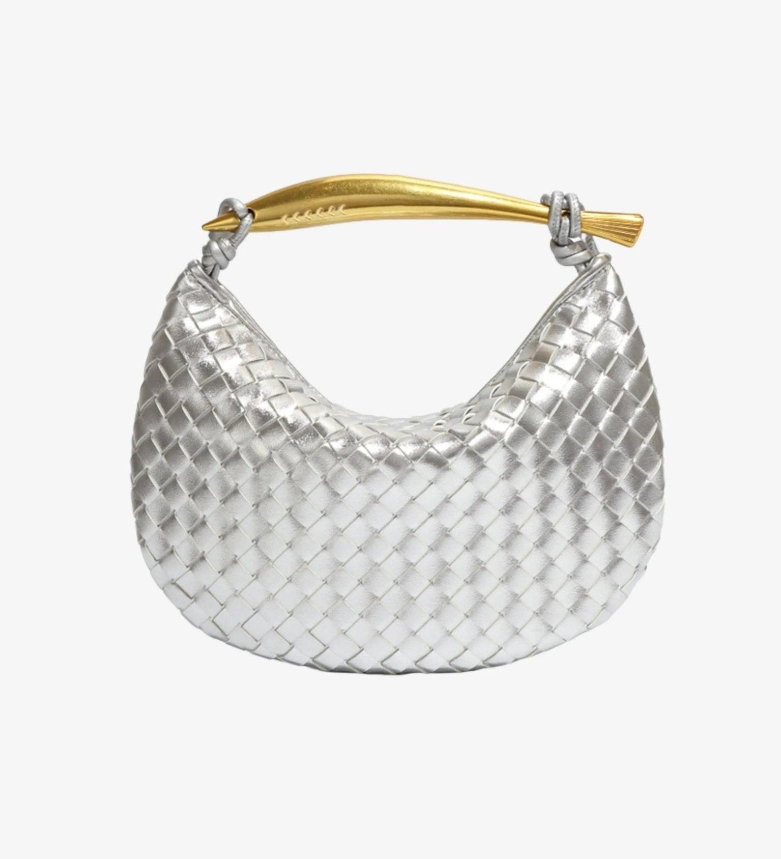 Woven Leather Hobo Bag with Gold Sculptural Handle