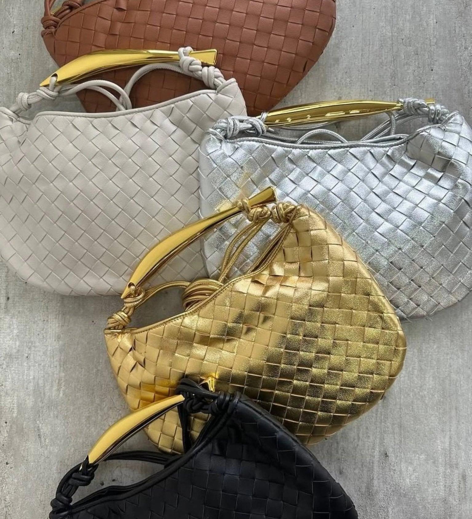 Woven Leather Hobo Bag with Gold Sculptural Handle