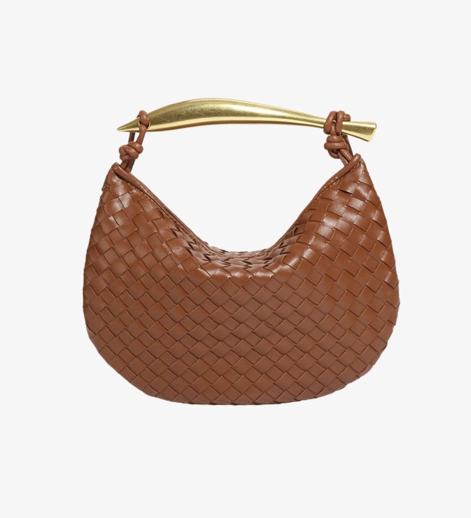 Woven Leather Hobo Bag with Gold Sculptural Handle