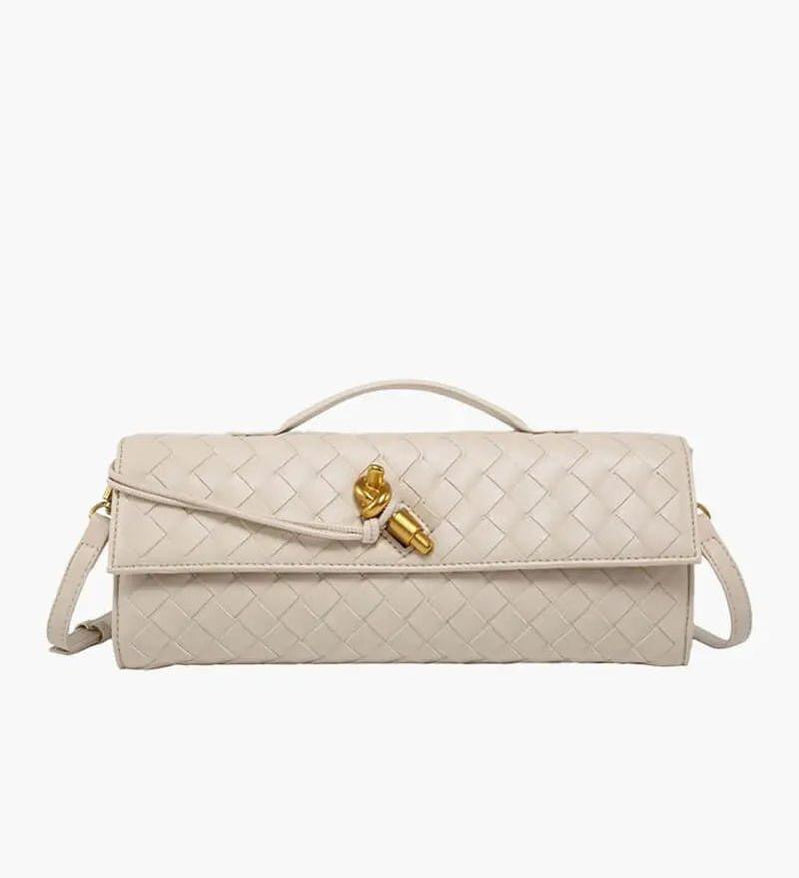 Woven Shoulder Handbag with Gold Lock Detail