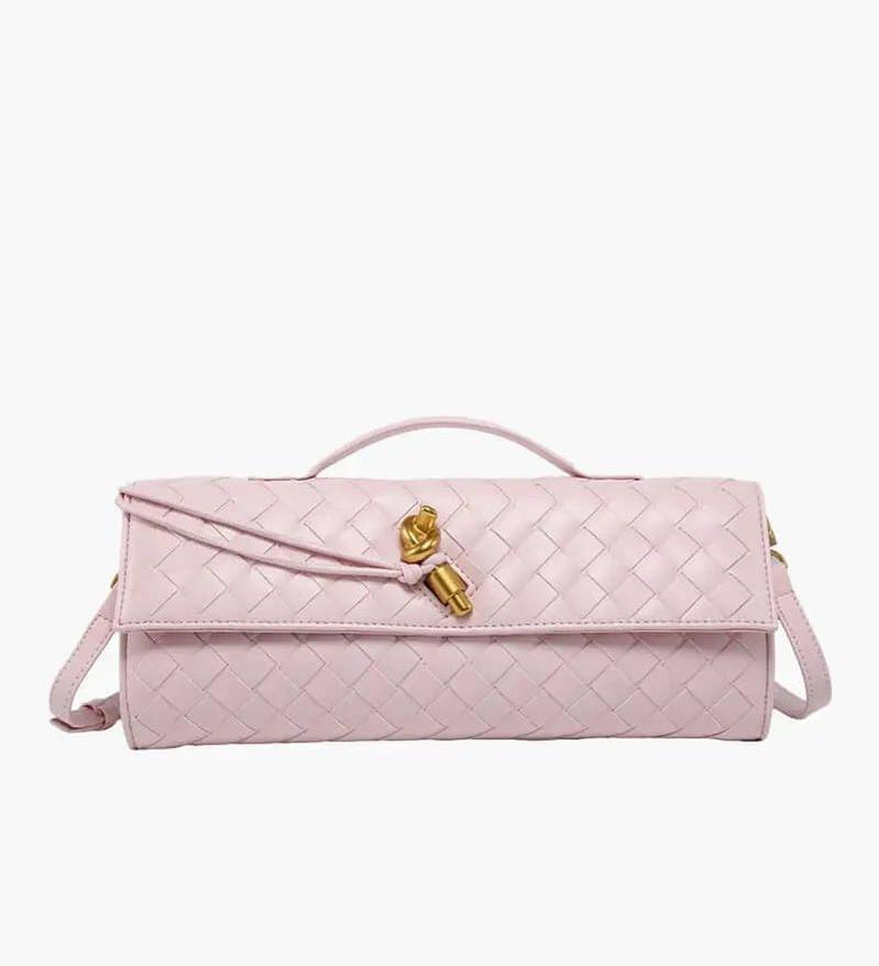 Woven Shoulder Handbag with Gold Lock Detail