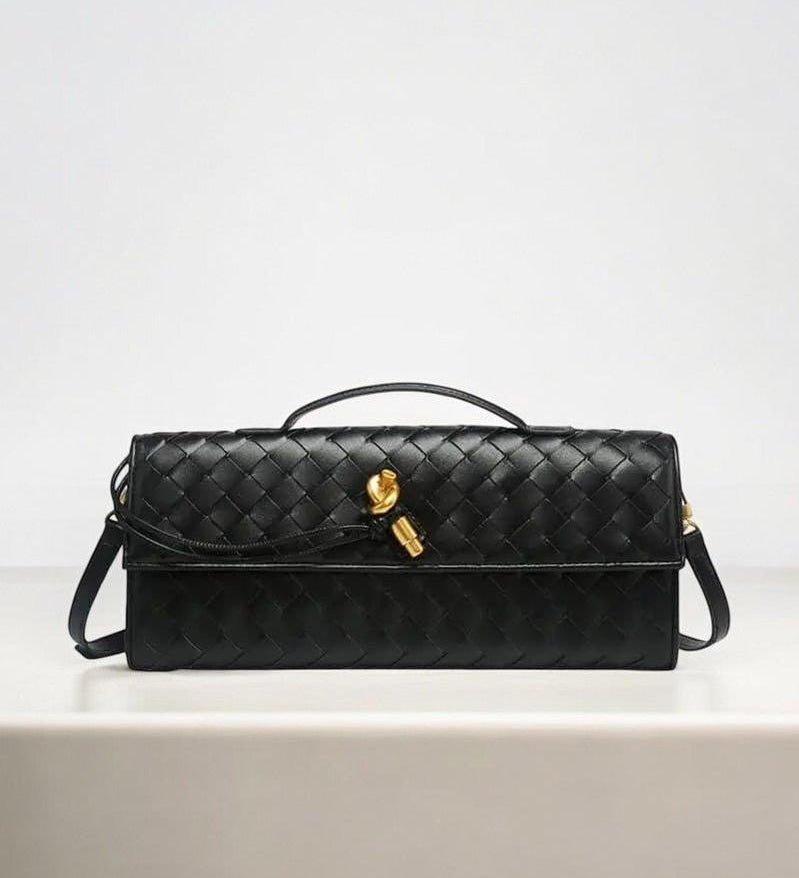 Woven Shoulder Handbag with Gold Lock Detail