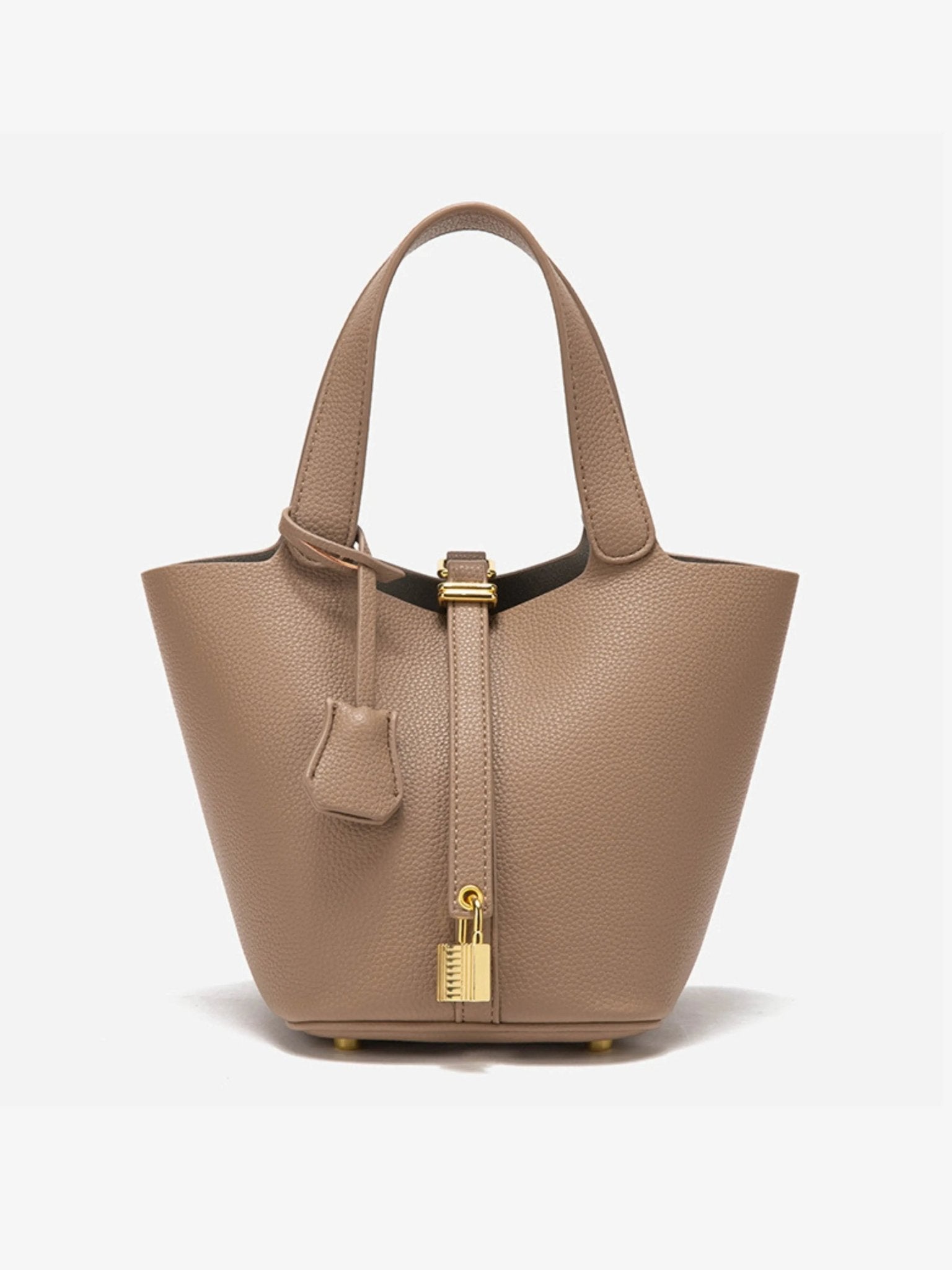 Sac Seau en Cuir Luxueux Louvé avec Verrou Doré – Sac à Main Moderne Taupe avec Poignée Supérieure pour Femme