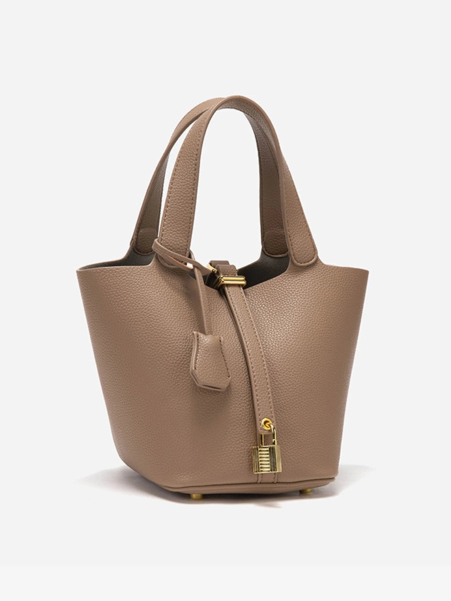 Sac Seau en Cuir Luxueux Louvé avec Verrou Doré – Sac à Main Moderne Taupe avec Poignée Supérieure pour Femme